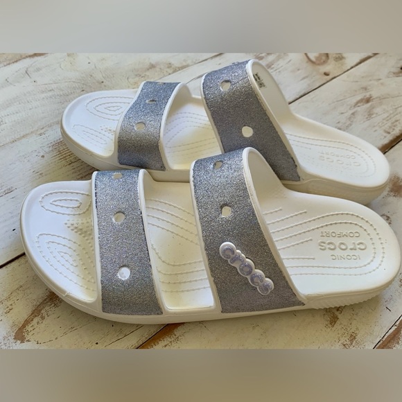 CROCS glitter sandals slides white silver NWOT women’s sz 11 - Picture 1 of 10